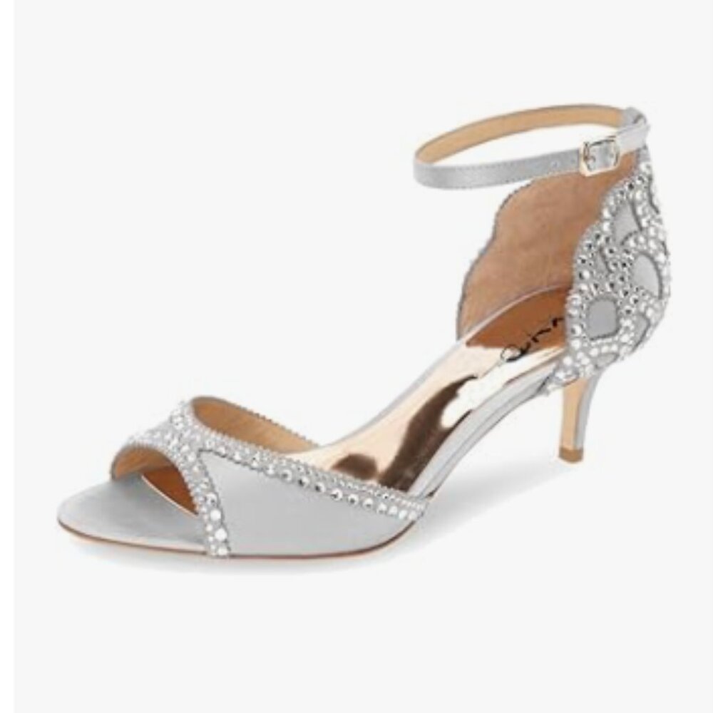 XYD Grey Chic Peep Toe D'Orsay Kitten Heel Rhinestone Studs Ankle Strap Sandal